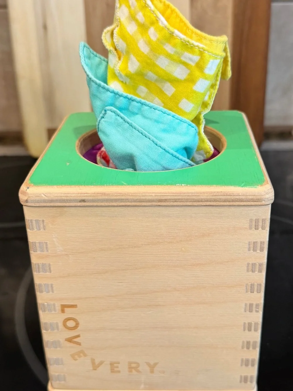 Colorful Wooden Shape Sorter with Bright Cloths